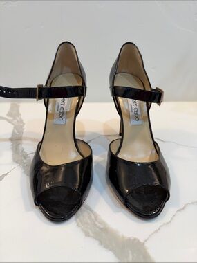 Jimmy Choo Black Patent Peep-Toe Ankle-Strap Heels